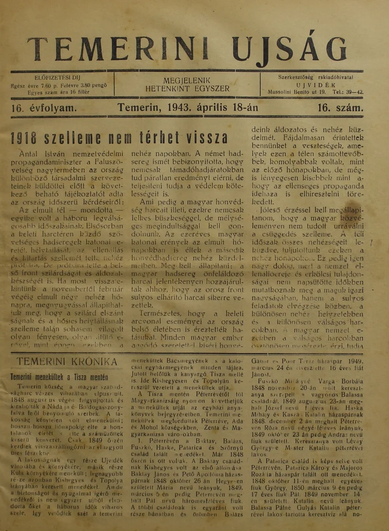 Temerini Újság 1928-1944, 16. évf. 1943. április 18. 16. sz.
