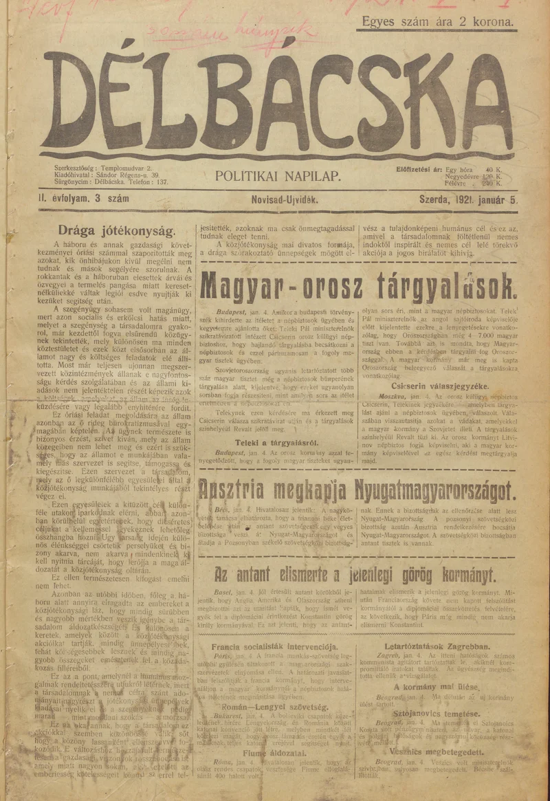 Délbácska, 2. évf. 1921. január 5. 3. sz.