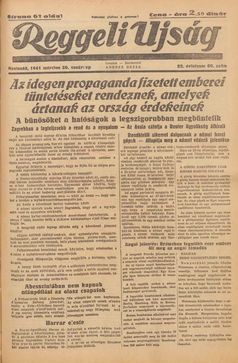 Reggeli Újság, 22. évf. 1941. március 30. 89. sz.