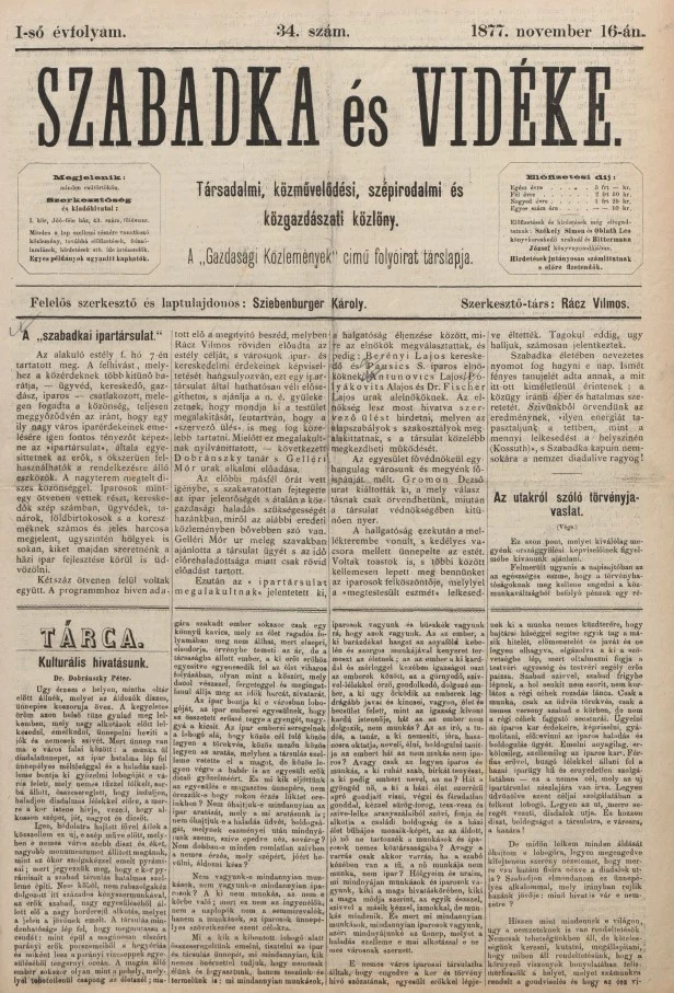 Szabadka és vidéke, 1. évf. 1877. november 15. 34. sz.