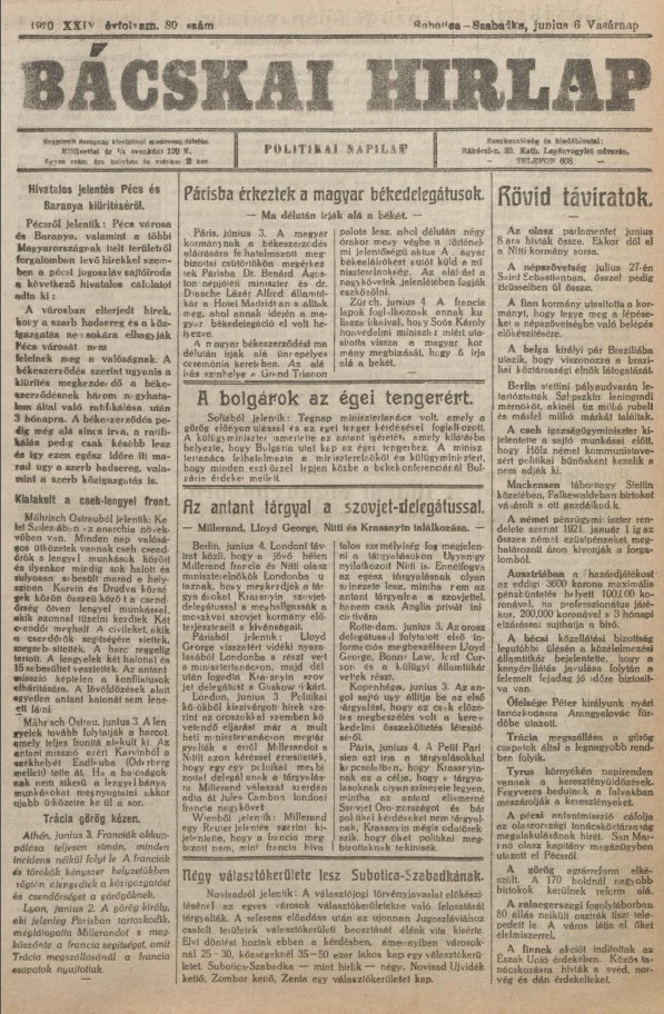 Bácskai Hirlap, 24. évf. 1920. június 6. 80. sz.