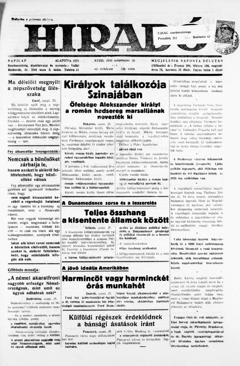 Híradó, 62. évf. 1933. szeptember 26. 226. sz.