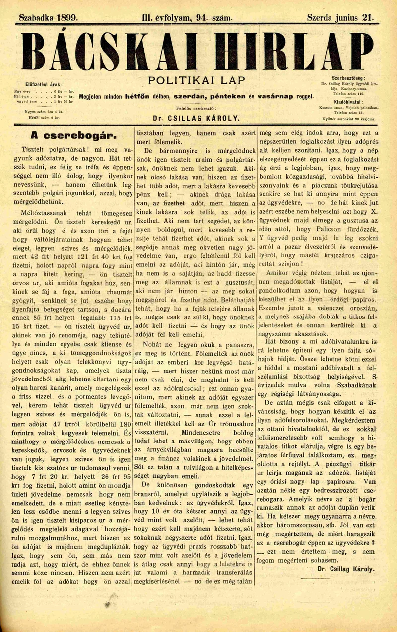 Bácskai Hirlap, 3. évf. 1899. június 21. 94. sz.