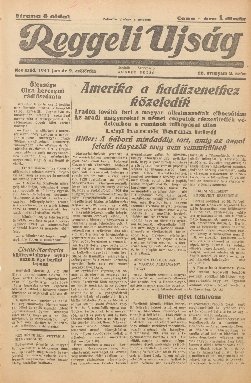 Reggeli Újság, 22. évf. 1941. január 2. 2. sz.