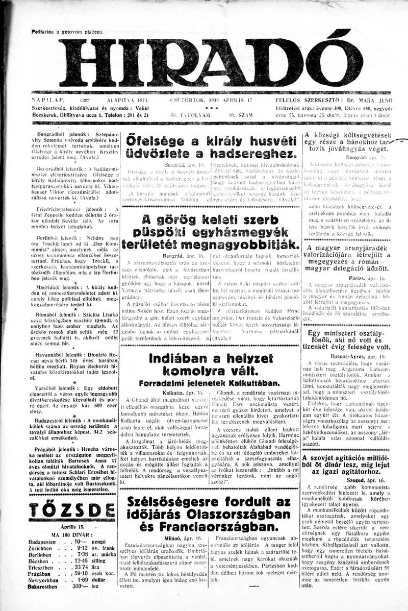 Híradó, 59. évf. 1930. április 17. 90. sz.