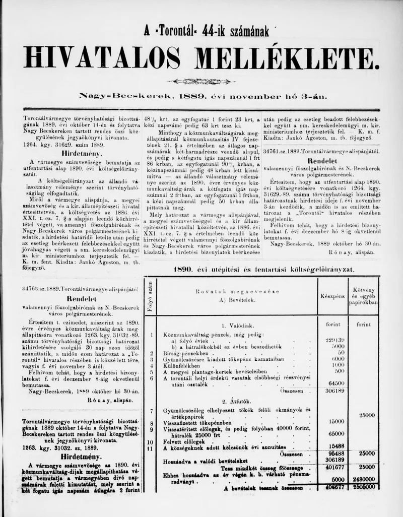 A Totontál  hivatalos melléklete, 2. évf. 1889. november 3. 44. sz.