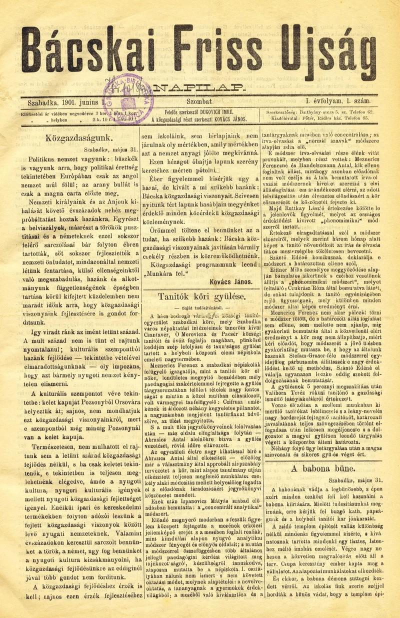 Bácskai Friss Ujság, 1. évf. 1901. június 1. 1. sz.