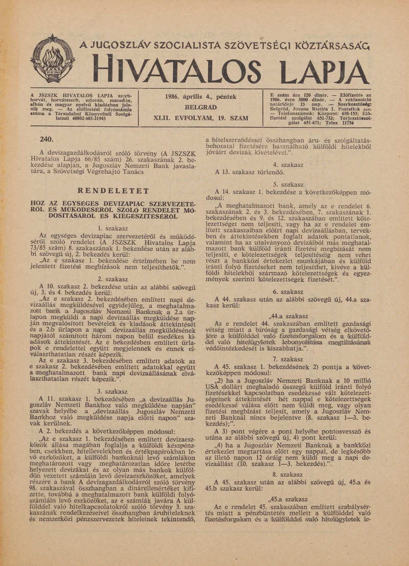A Jugoszláv Szocialista Szövetségi Köztársaság Hivatalos Lapja, 42. évf. 1986. április 4. 19. sz. 477–540. oldal