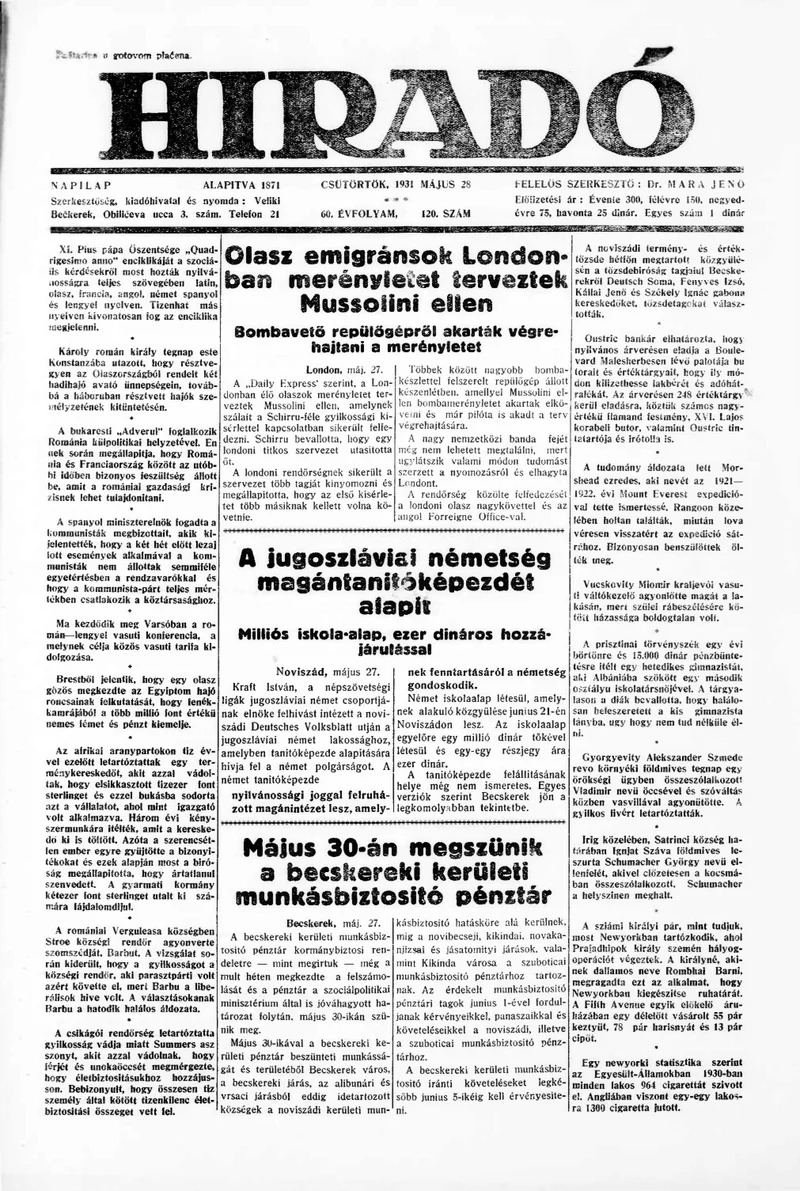 Híradó, 60. évf. 1931. május 28. 120. sz.