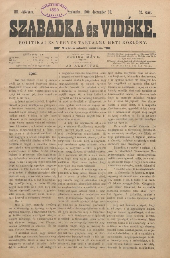 Szabadka és vidéke II, 8. évf. 1900. december 30. 52. sz.