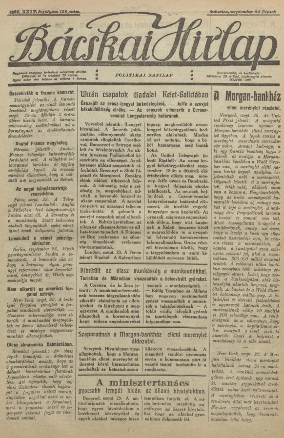 Bácskai Hirlap, 24. évf. 1920. szeptember 24. 156. sz.