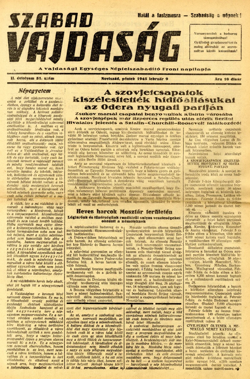 Szabad Vajdaság, 2. évf. 1945. február 9. 31. sz.