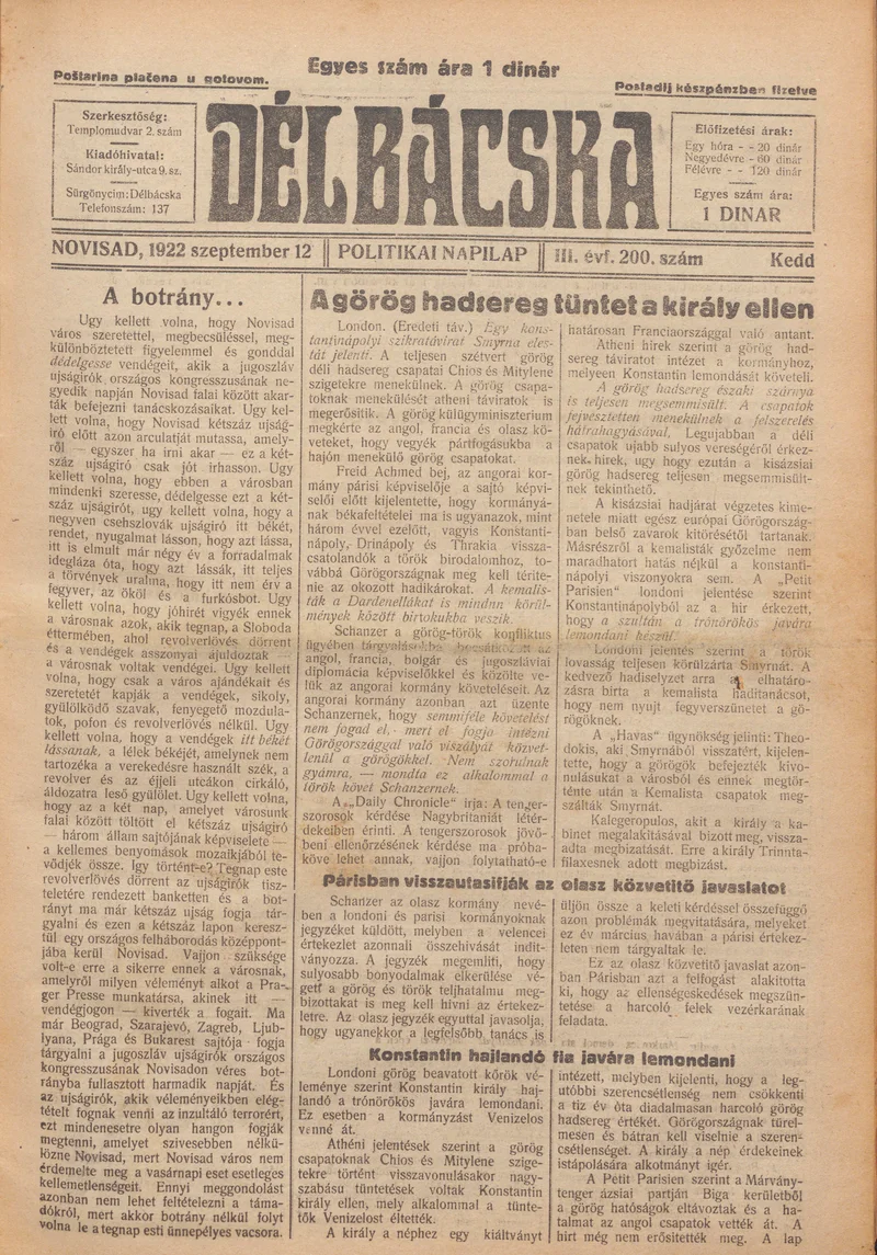 Délbácska, 3. évf. 1922. szeptember 12. 200. sz.