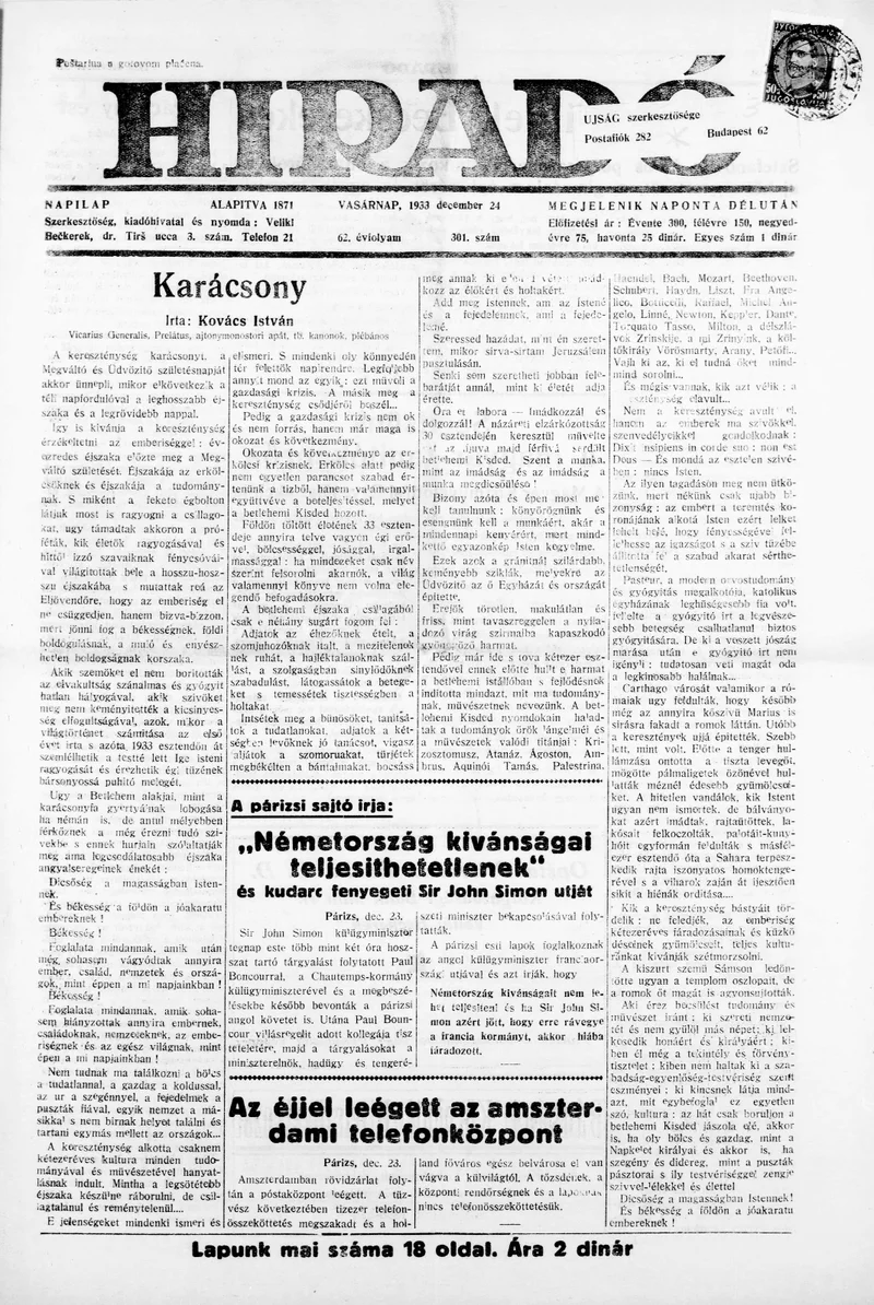Híradó, 62. évf. 1933. december 24. 301. sz.
