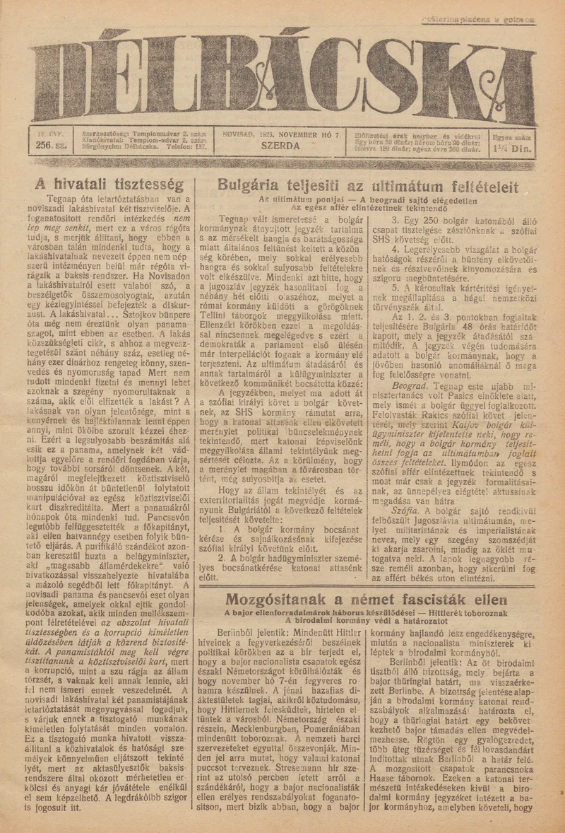 Délbácska, 4. évf. 1923. november 7. 256. sz.
