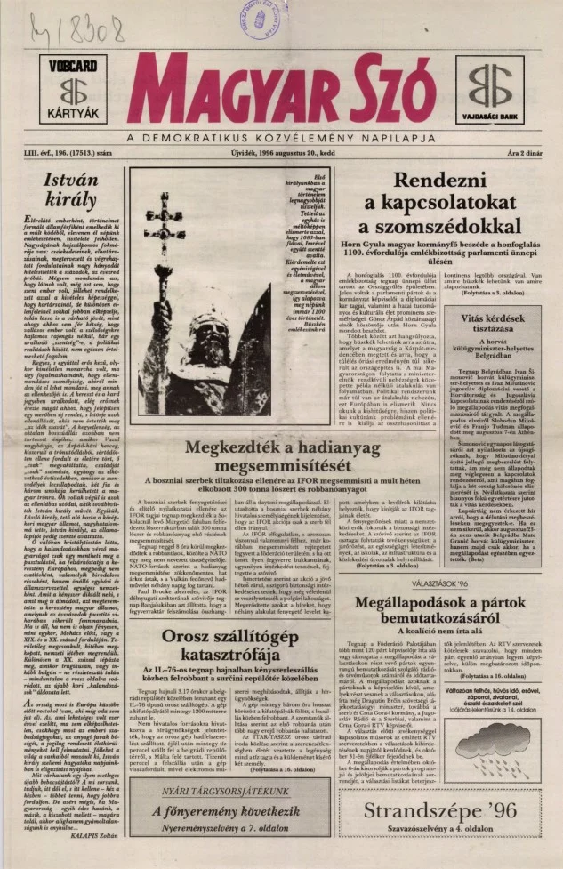 Magyar Szó, 53. évf. 1996. augusztus 20. 196. sz. 1–16. oldal