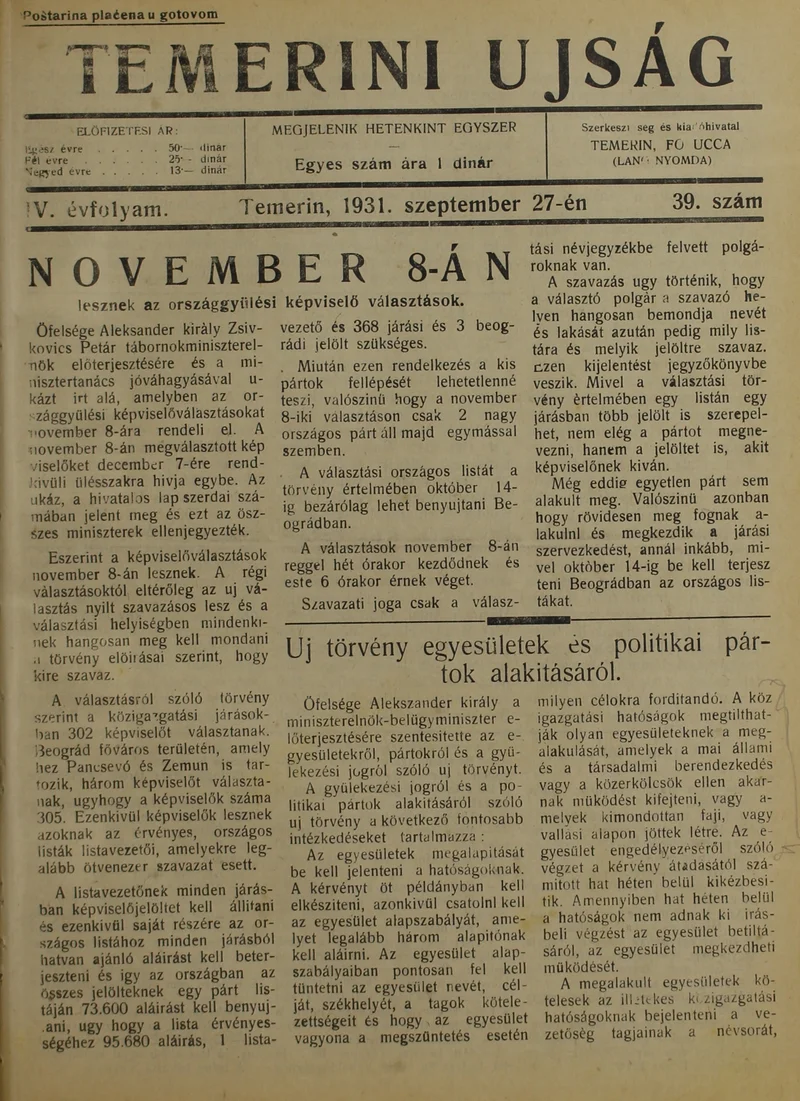Temerini Újság 1928-1944, 4. évf. 1931. szeptember 27. 39. sz.