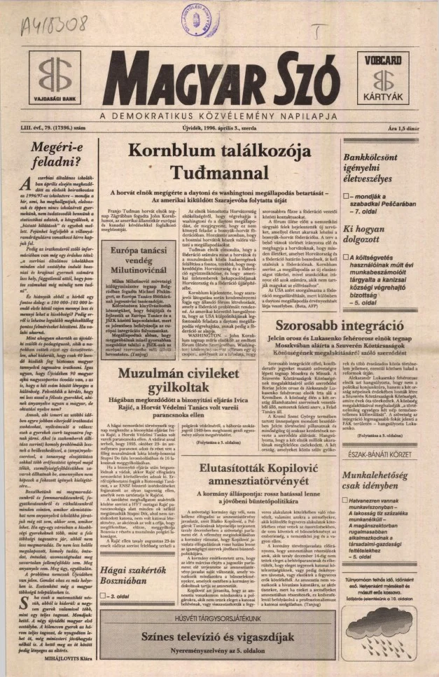 Magyar Szó, 53. évf. 1996. április 3. 79. sz. 1–16. oldal