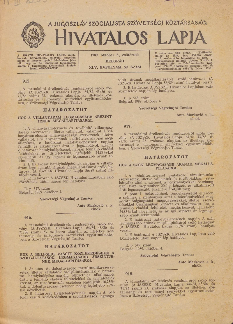 A Jugoszláv Szocialista Szövetségi Köztársaság Hivatalos Lapja, 45. évf. 1989. október 5. 59. sz. 1465–1468. oldal