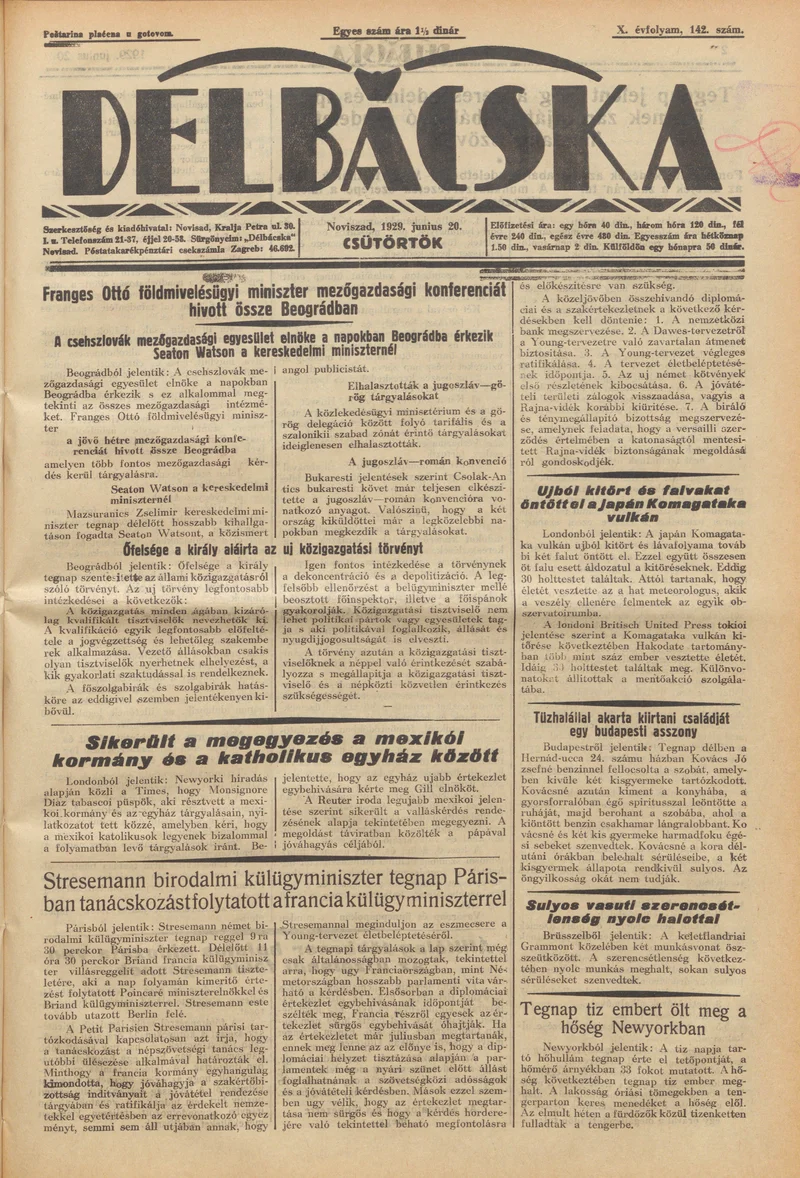 Délbácska, 10. évf. 1929. június 20. 142. sz.