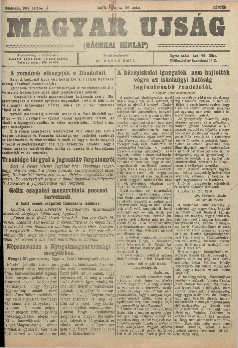 Bácskai Hirlap, 23. évf. 1919. október 17. 105. sz.