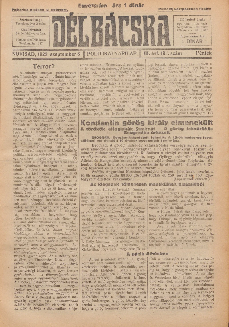 Délbácska, 3. évf. 1922. szeptember 8. 197. sz.