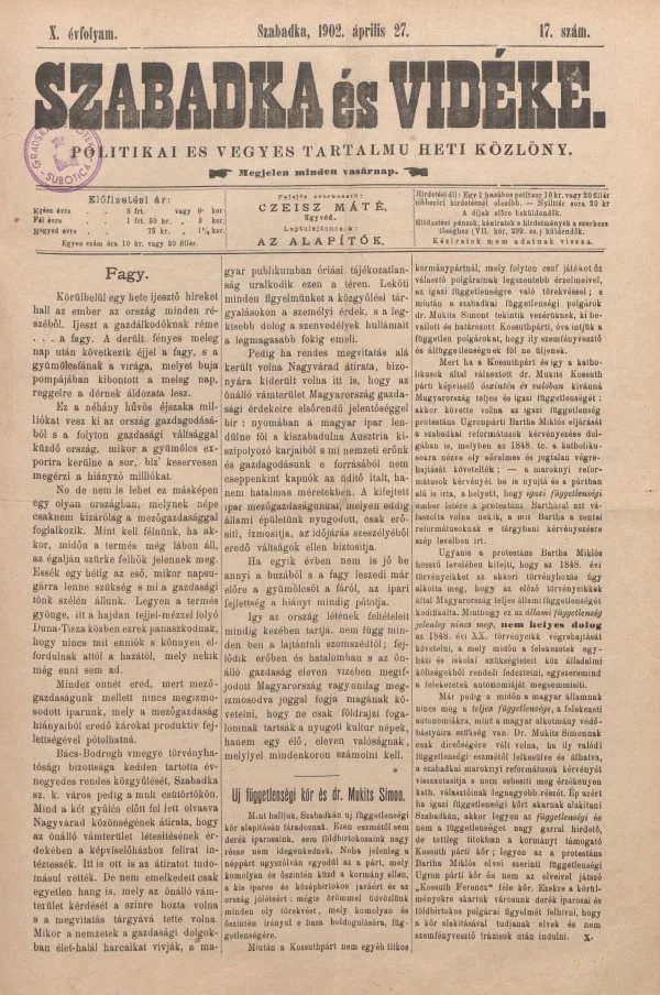 Szabadka és vidéke II, 10. évf. 1902. április 27. 17. sz.