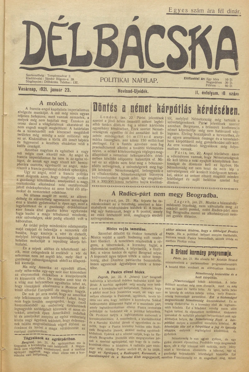 Délbácska, 2. évf. 1921. január 23. 18. sz.
