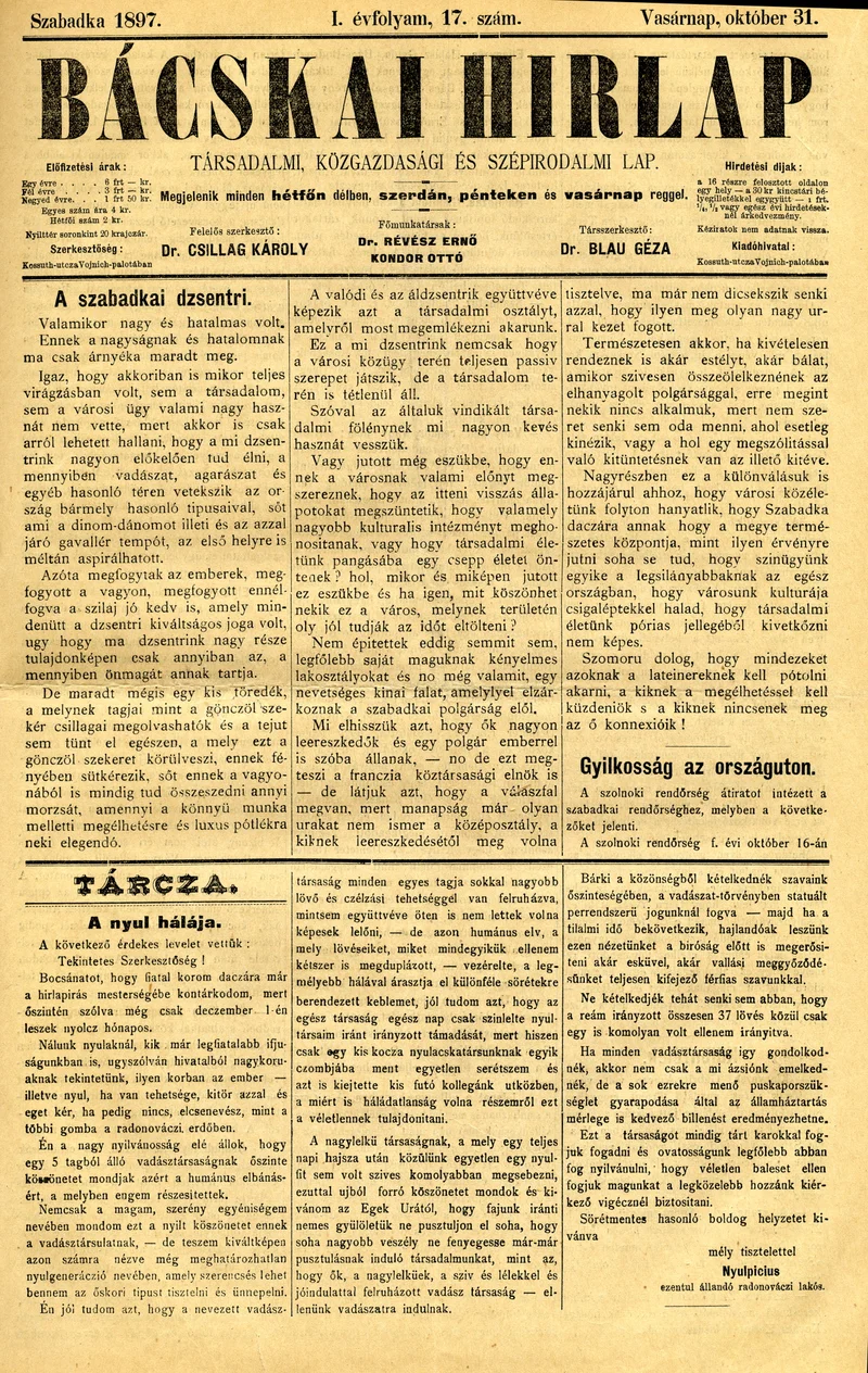 Bácskai Hirlap, 1. évf. 1897. október 31. 17. sz. 1–4. oldal