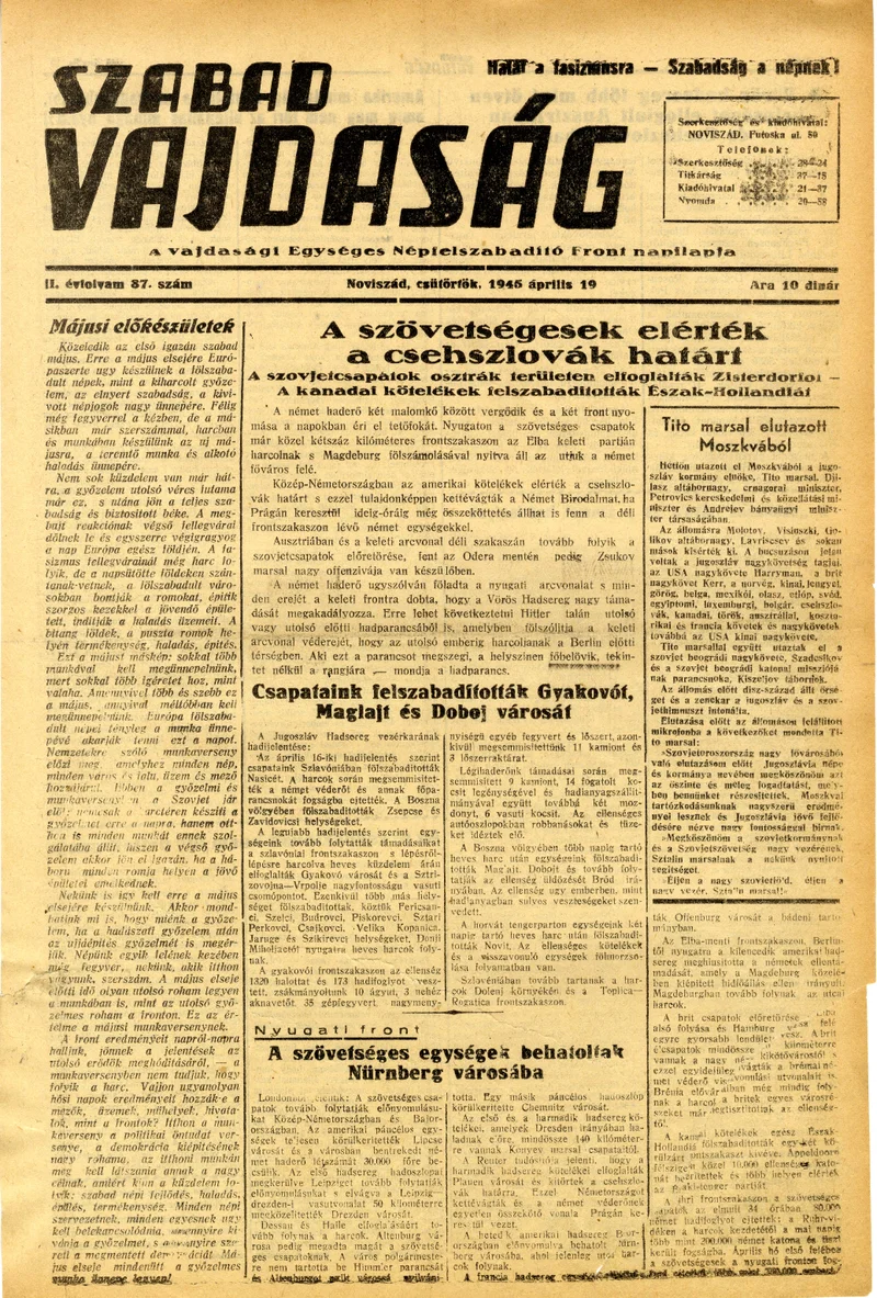 Szabad Vajdaság, 2. évf. 1945. április 19. 87. sz.