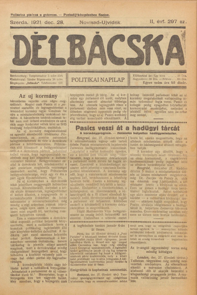Délbácska, 2. évf. 1921. december 28. 297. sz.