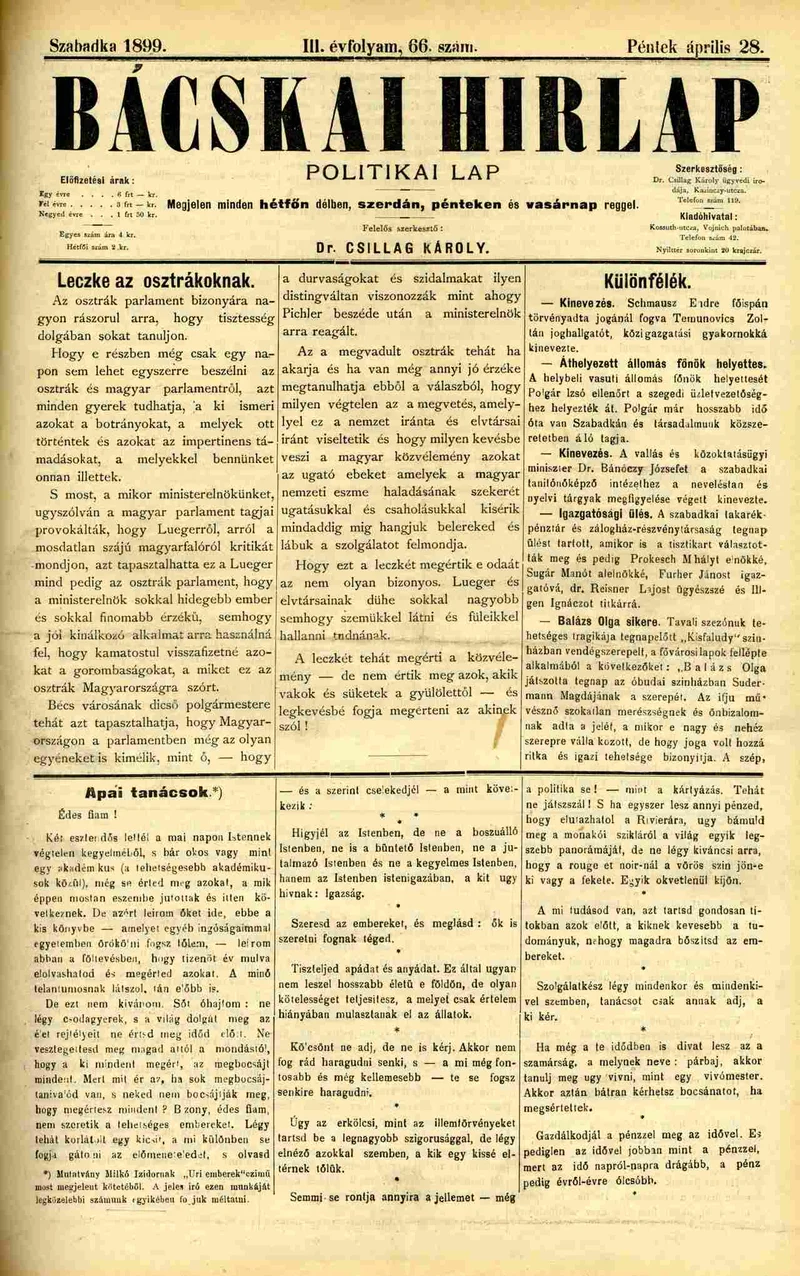 Bácskai Hirlap, 3. évf. 1899. április 28. 66. sz.