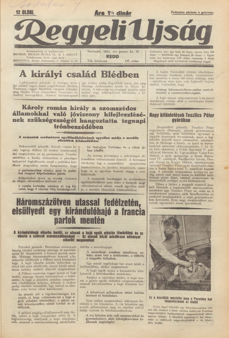 Reggeli Újság, 12. évf. 1931. június 16. 137. sz.