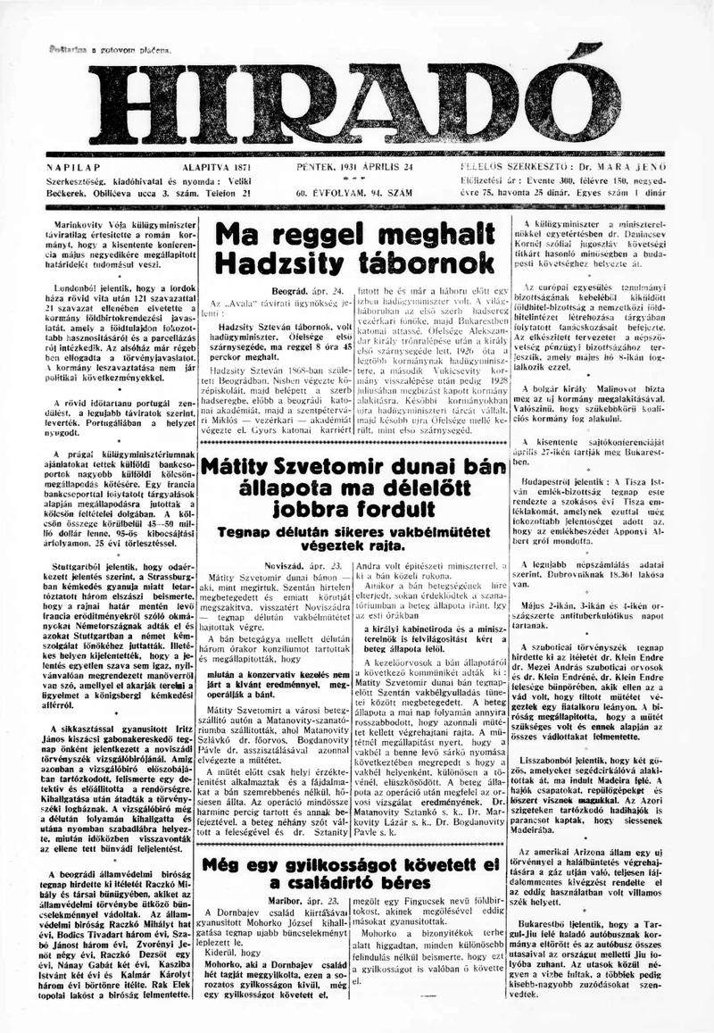 Híradó, 60. évf. 1931. április 24. 94. sz.