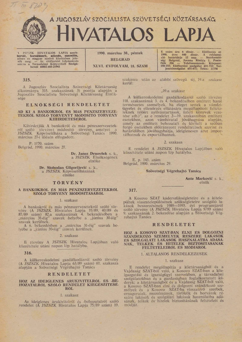 A Jugoszláv Szocialista Szövetségi Köztársaság Hivatalos Lapja, 46. évf. 1990. március 30. 18. sz. 769–792. oldal