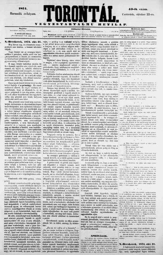 Torontál, 3. évf. 1874. október 22. 43. sz.