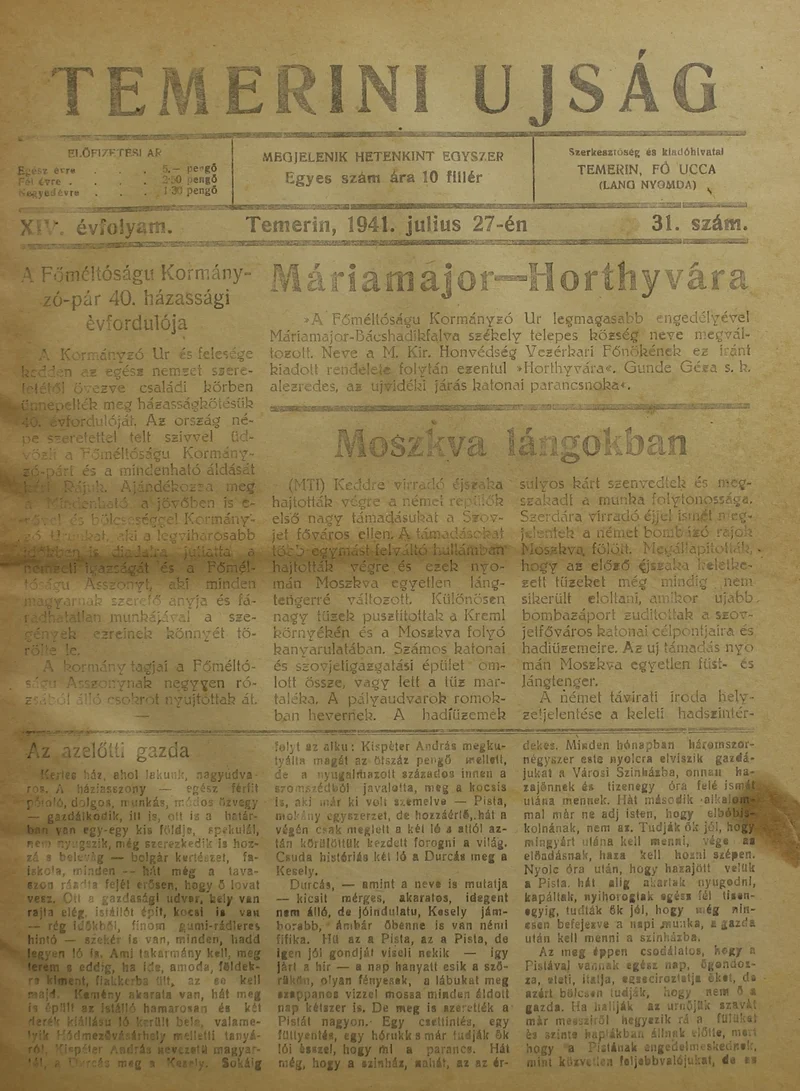 Temerini Újság 1928-1944, 14. évf. 1941. július 27. 31. sz.