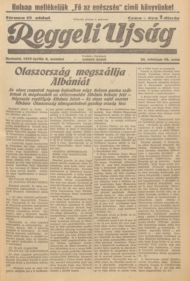 Reggeli Újság, 20. évf. 1939. április 8. 98. sz.