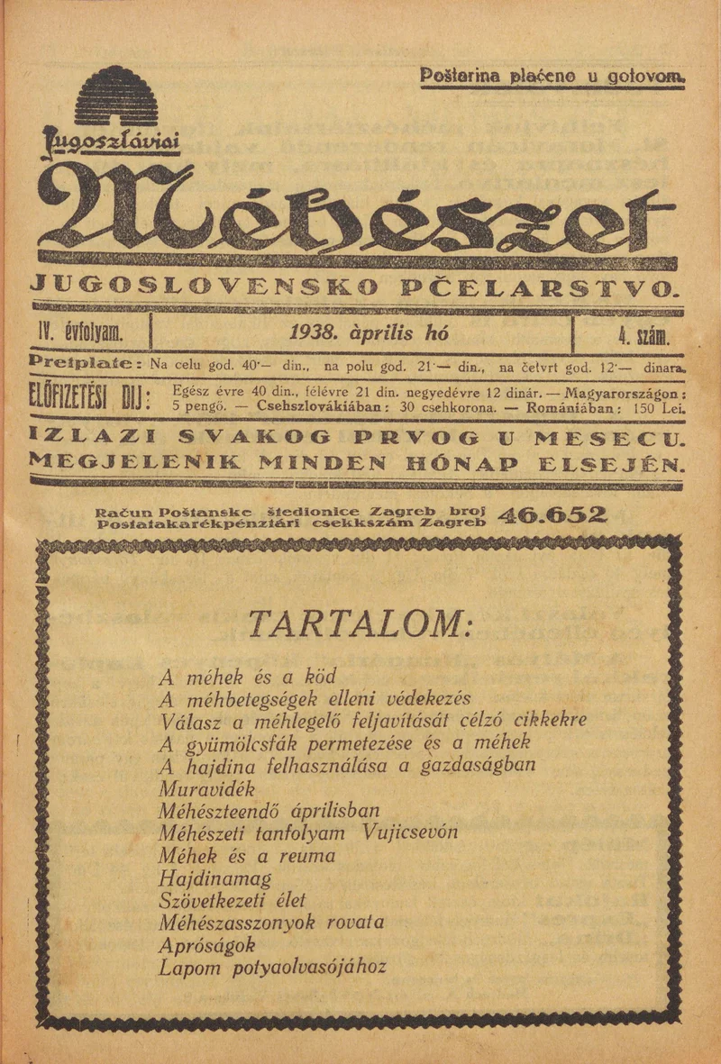 Jugoszláviai méhészet, 4. évf. 1938. április 1. 4. sz.