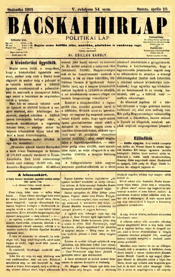 Bácskai Hirlap, 5. évf. 1901. április 10. 54. sz.