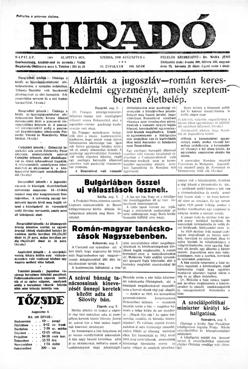 Híradó, 59. évf. 1930. augusztus 6. 180. sz.