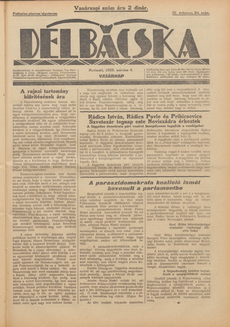 Délbácska, 9. évf. 1928. március 4. 54. sz.