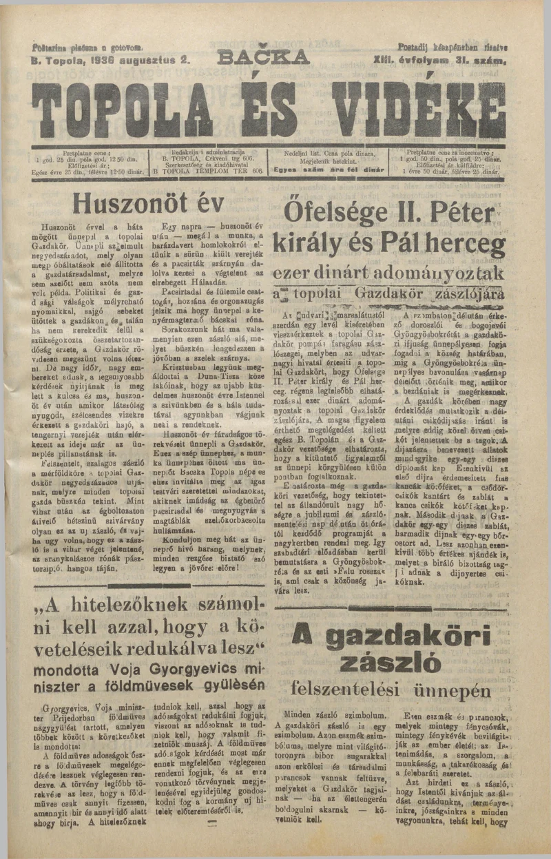 Bačka Topola és Vidéke, 13. évf. 1936. augusztus 2. 31. sz.