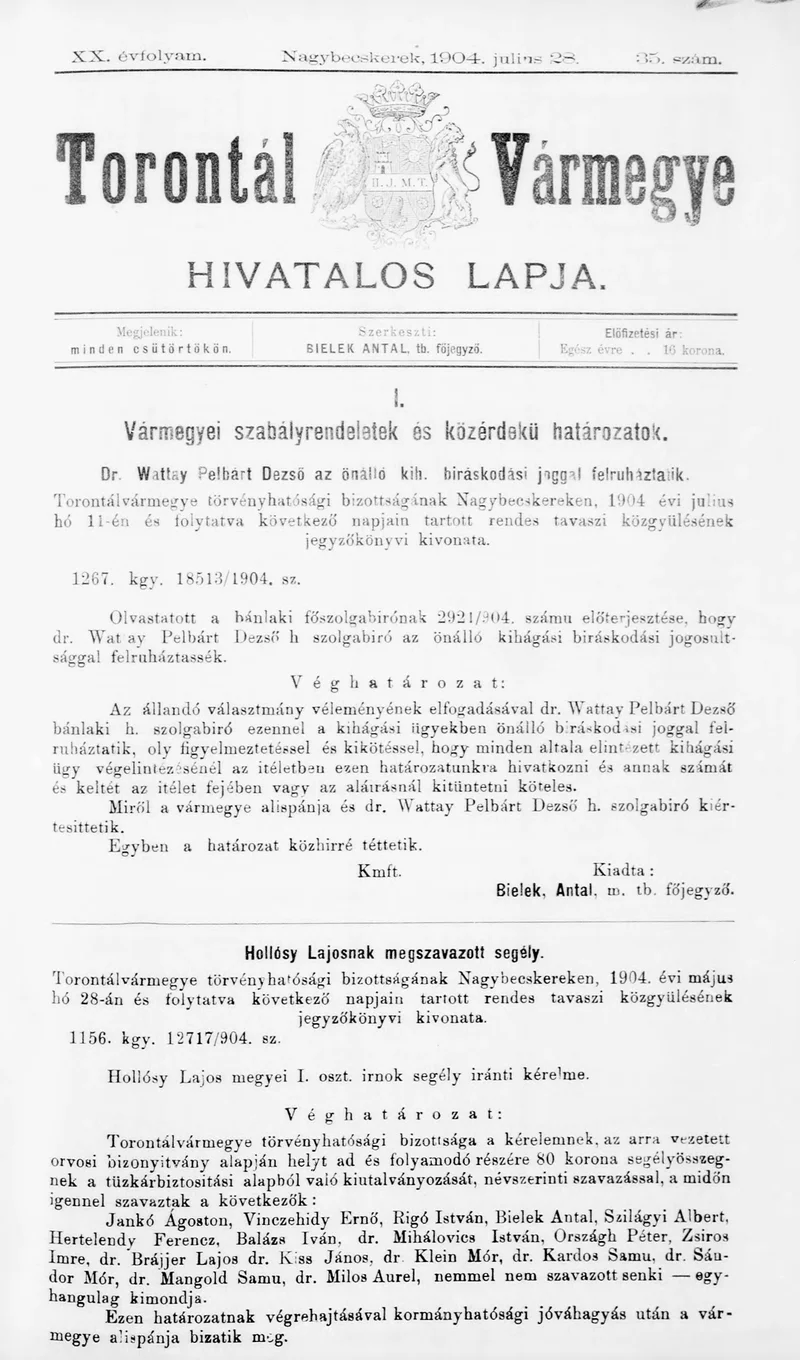 Torontál Vármegye Hivatalos Lapja, 20. évf. 1904. július 28. 35. sz.