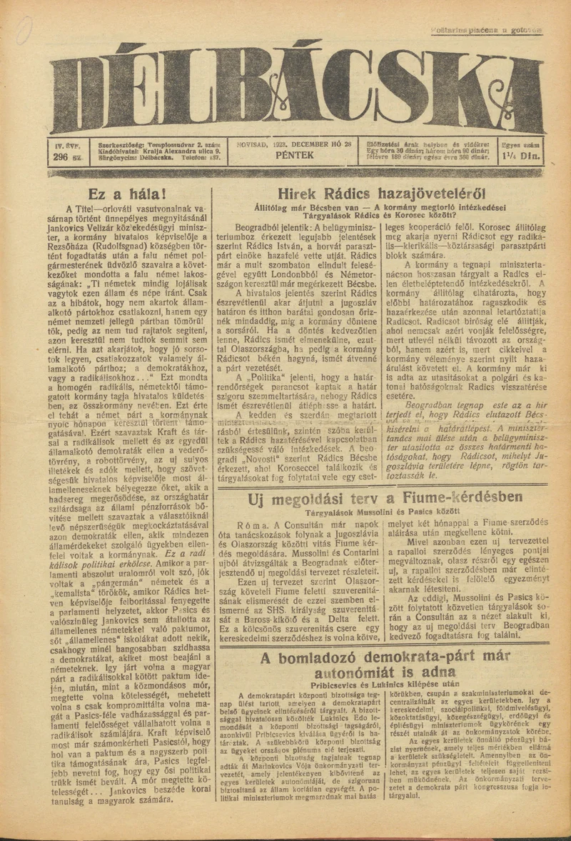 Délbácska, 4. évf. 1923. december 28. 296. sz.