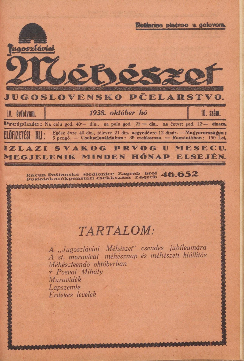 Jugoszláviai méhészet, 4. évf. 1938. október 1. 10. sz.