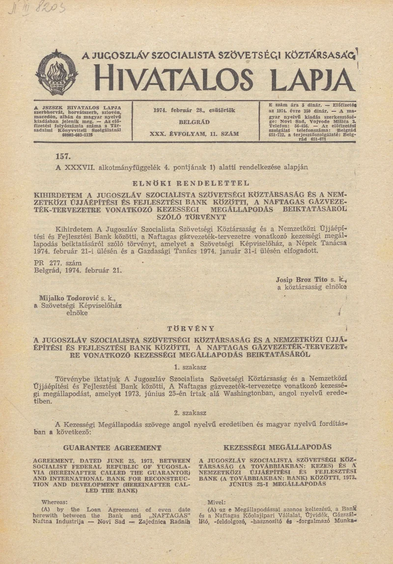 A Jugoszláv Szocialista Szövetségi Köztársaság Hivatalos Lapja, 30. évf. 1974. február 28. 11. sz. 285–304. oldal