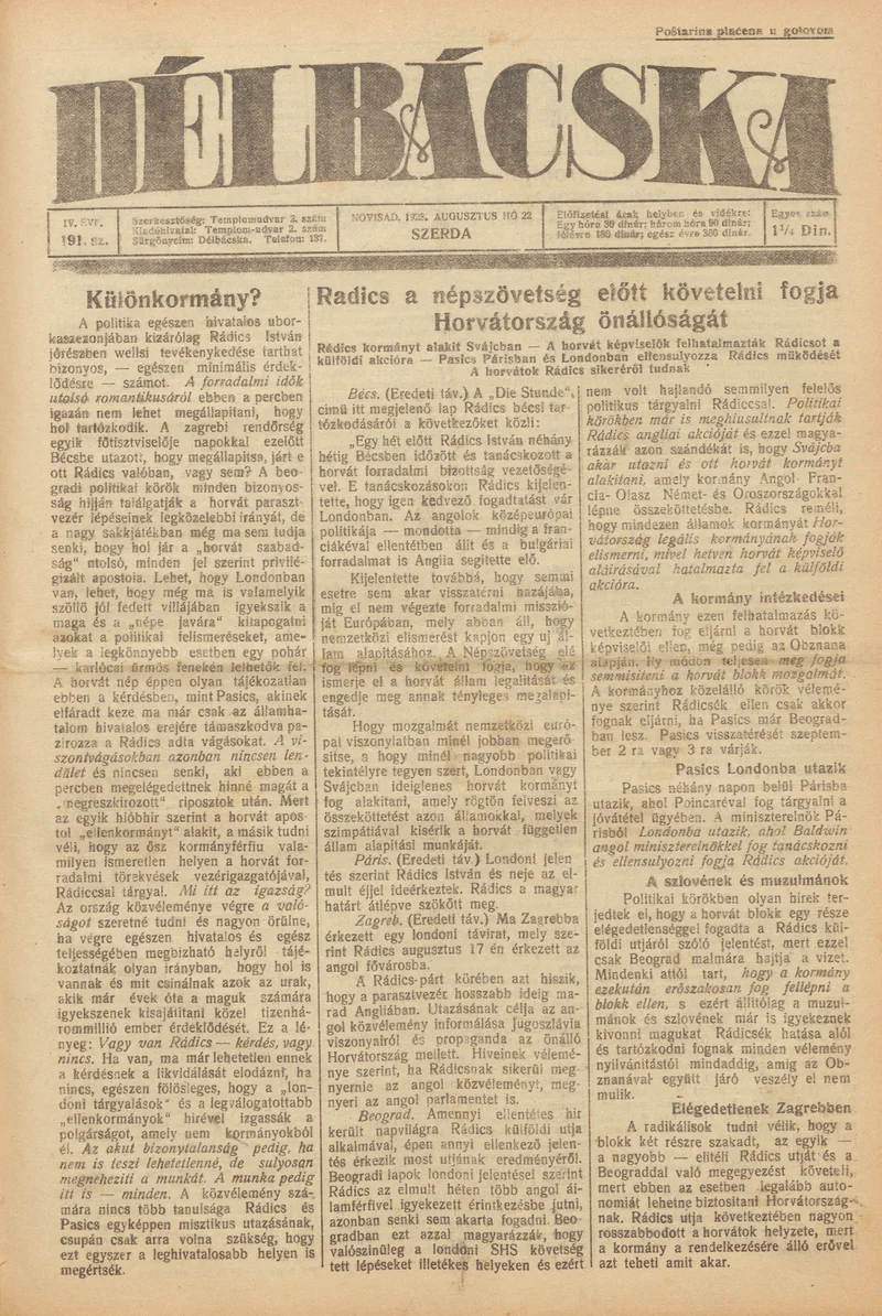 Délbácska, 4. évf. 1923. augusztus 22. 191. sz.