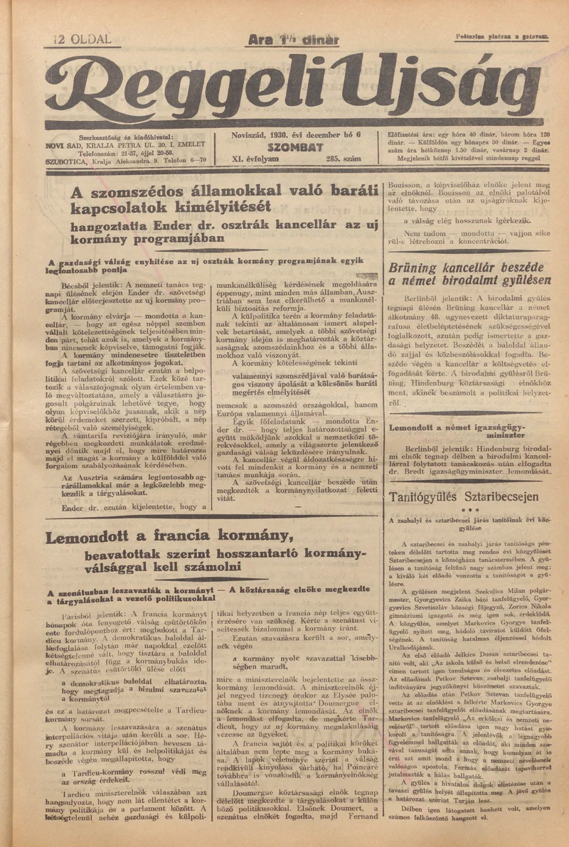 Reggeli Újság, 11. évf. 1930. december 6. 285. sz.