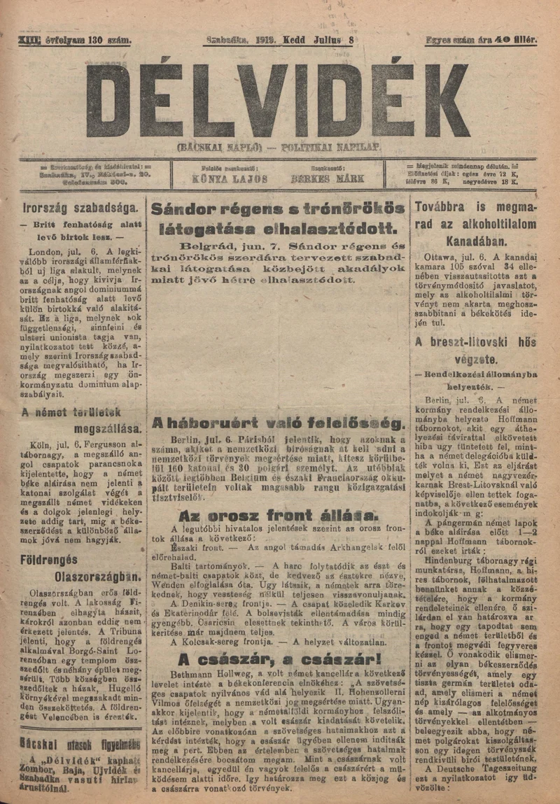 Délvidék, 13. évf. 1919. július 8. 130. sz.